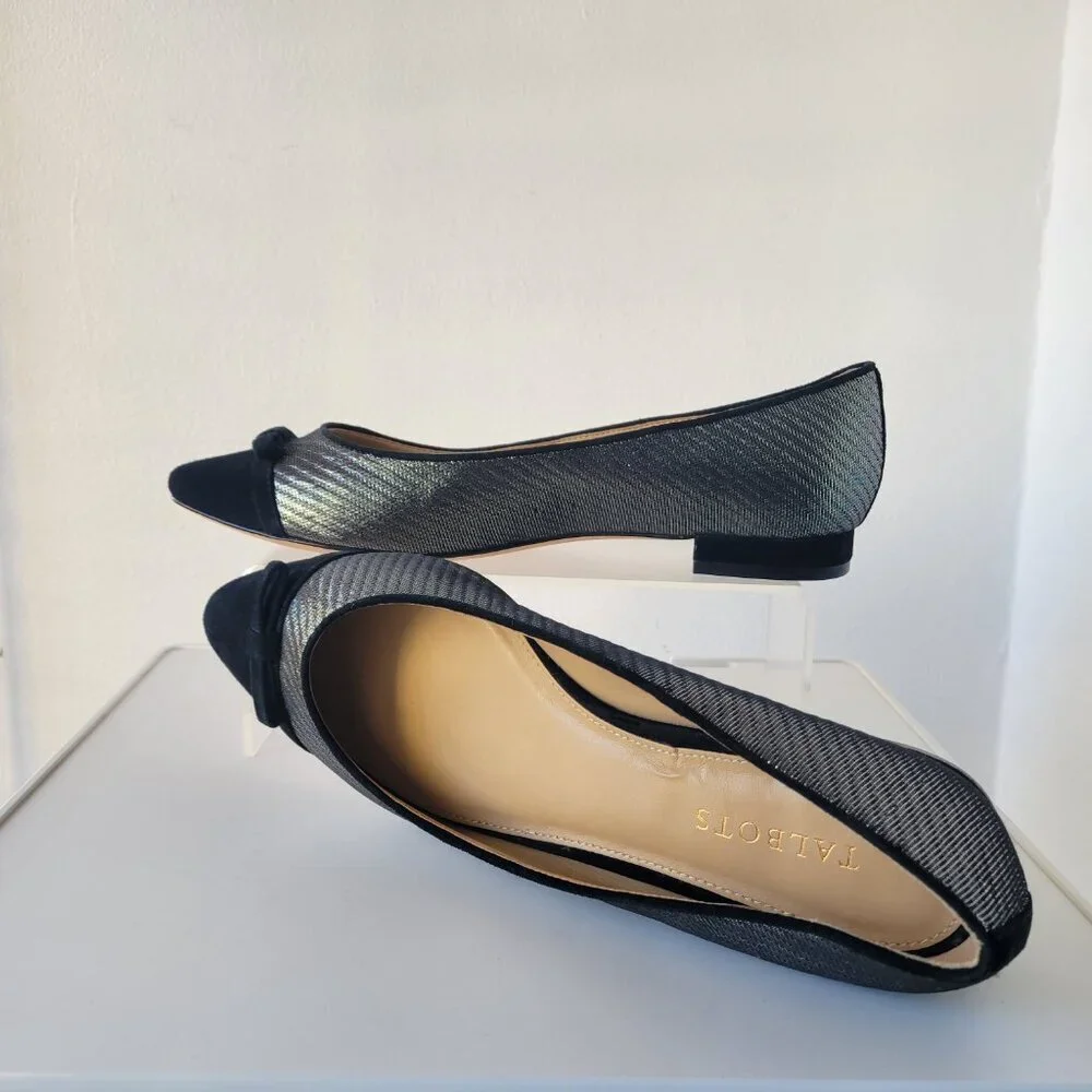 Talbots Edison Bow-Detail Black & Silver Flats - Lurex®  (Size 9.5)